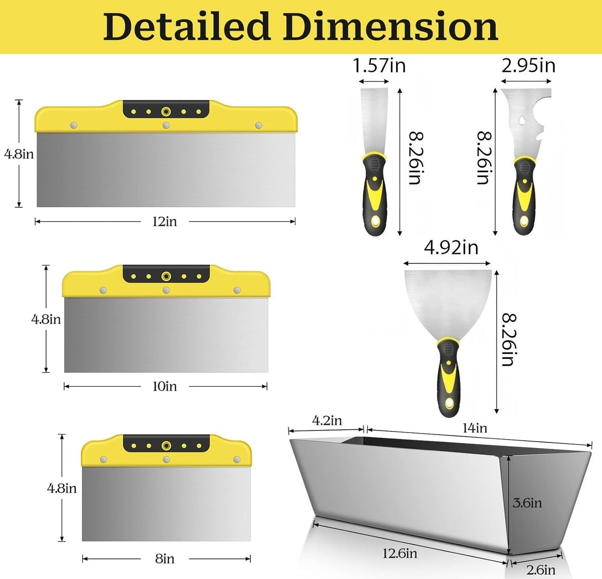 suokoun Wallpaper Scraper Set, 7 Pieces Stainless Steel Drywall Hand Tool Kit Includes Taping Putty Tool and 12" Mud Pan with Soft Grip Handle for Drywall Work
