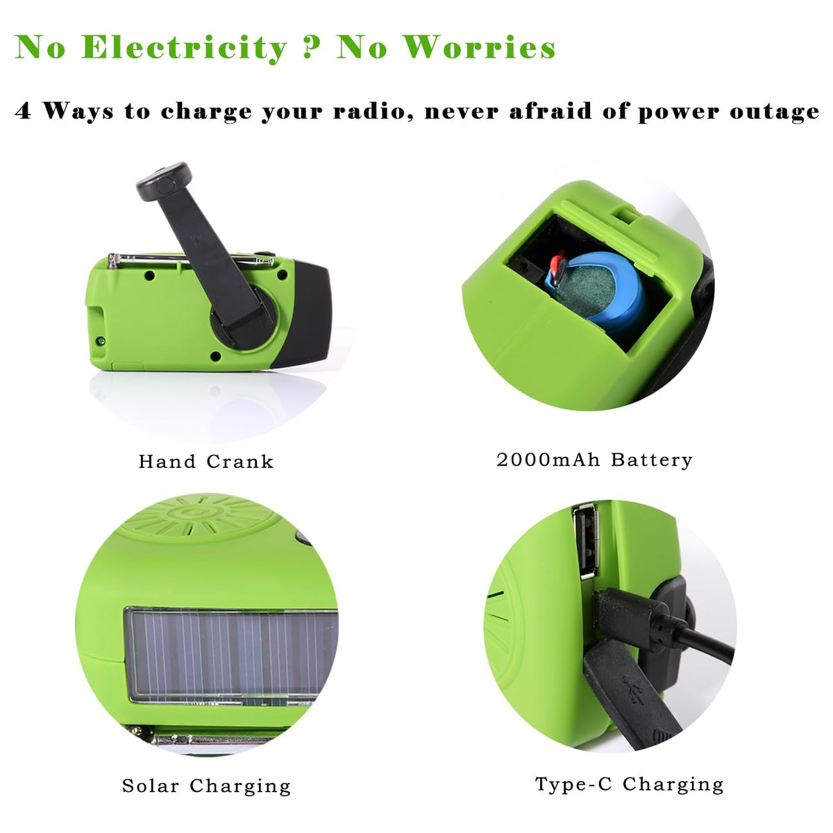 NNOOAADIO Wind Up Solar Hand Crank Radio, 2000mAh SOS Alarm for Camping