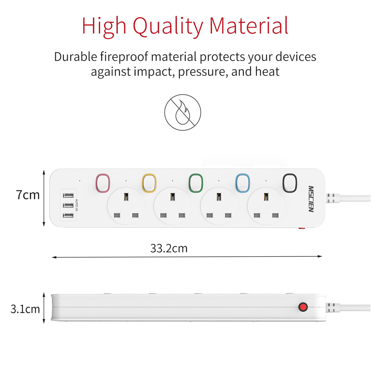 Mscien Extension Lead 1M with USB Slots 4 Way Wall Mounted, 1M Extension Lead Switched with Multiple Protection, Fused Power Strip 4 Sockets White, 13A/3250W