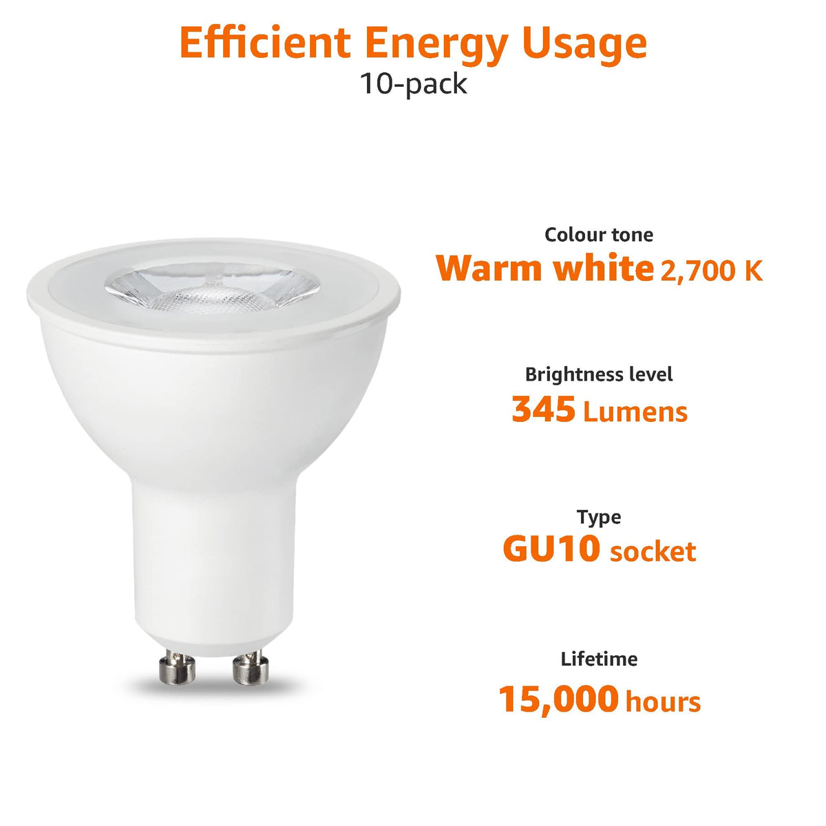 Amazon Basics LED GU10 Spotlight Bulb, 4.7W (equivalent to 50W), Warm White, Non Dimmable - Pack of 10