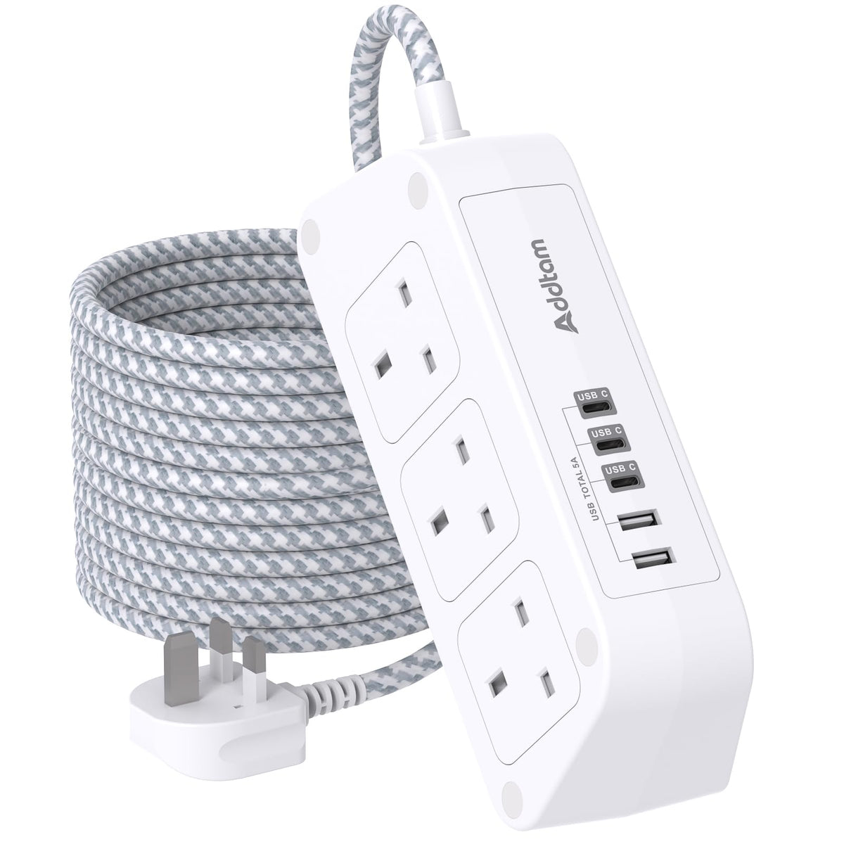 Addtam Extension Lead with USB Slots, 6 Way Outlets 5 USB(5A, 3USB- C Port)
