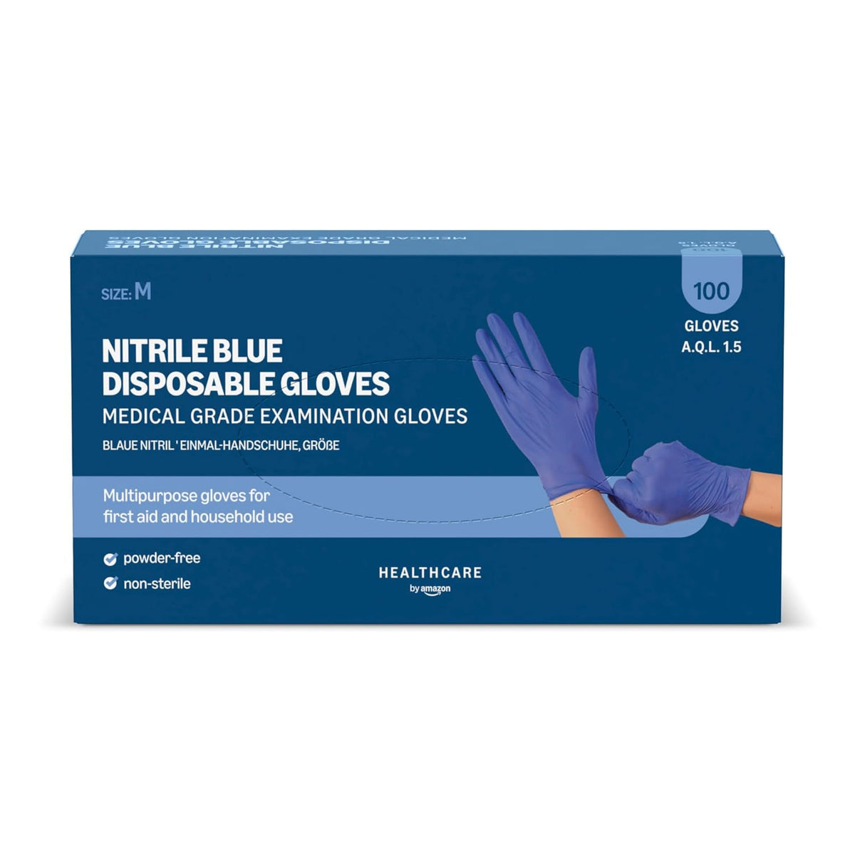 by Amazon Blue Disposable Nitrile Gloves, Powder-free, Latex-free, Size M, Pack of 100