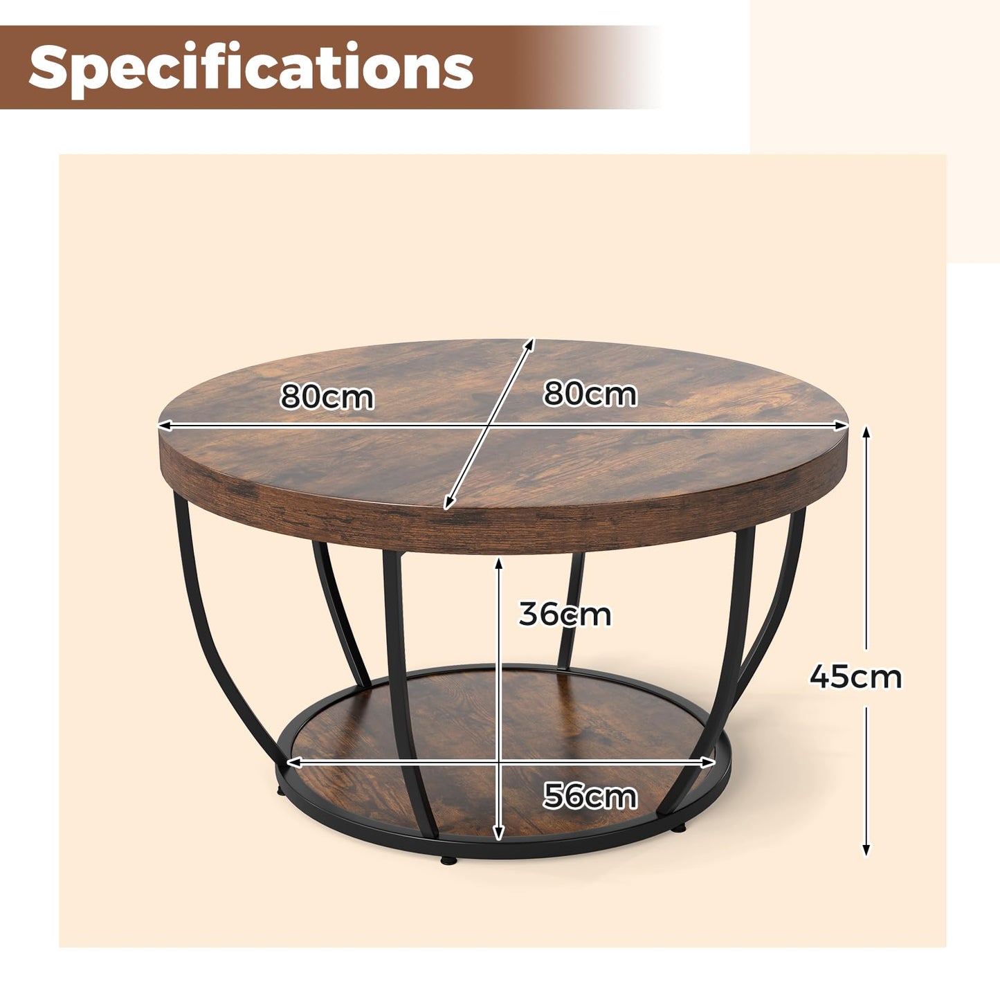 COSTWAY 2-Tier Round Coffee Table with Storage Shelf, Metal Frame Industrial Accent Cocktail Center Unit Sofa Side Tea Table for Living Room, Bedroom and Office, 80x80x45cm (Rustic Brown+Black)