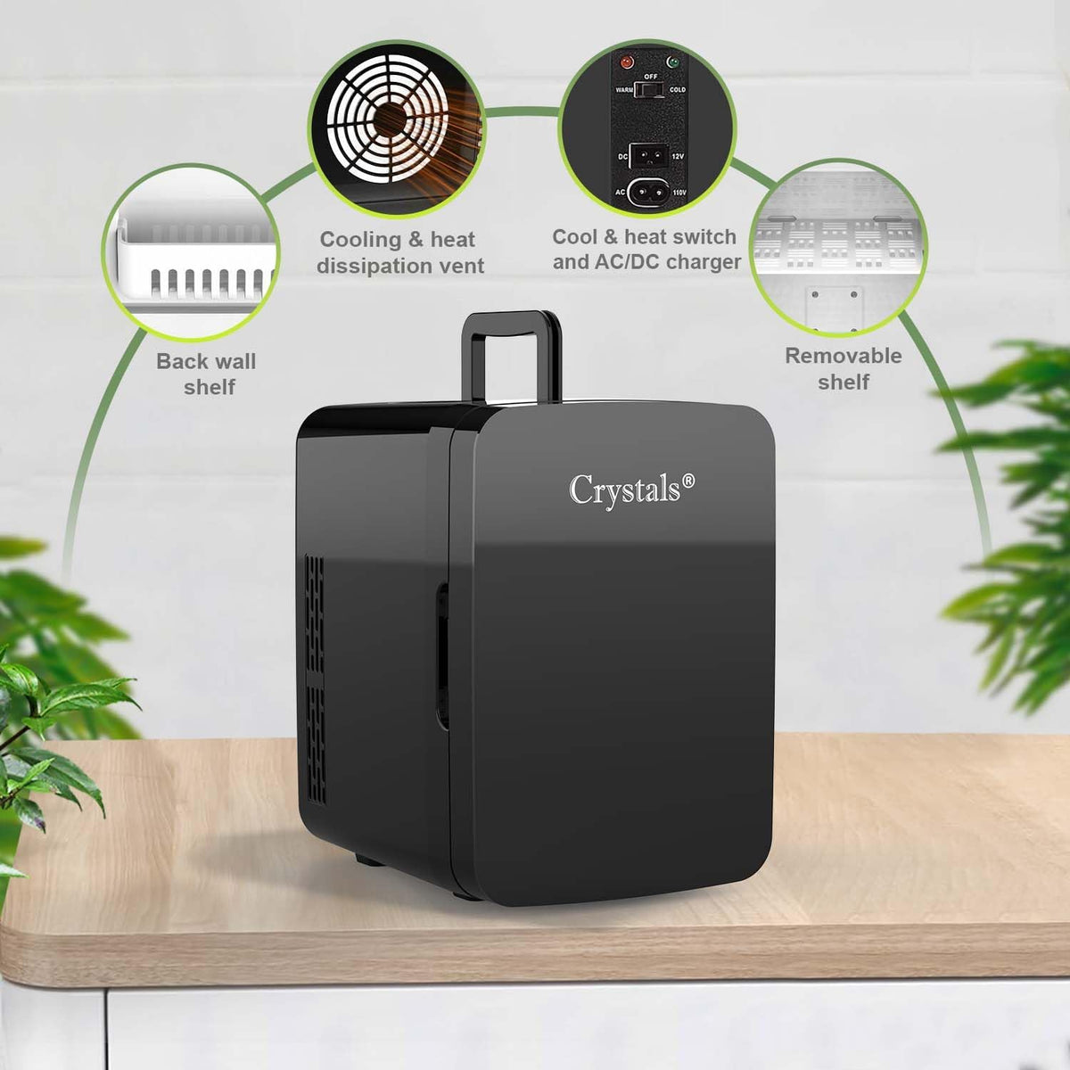 Crystals Mini Fridge, 10L Table Top Small Fridge Cooler & Warmer for Car Bedrooms Desk Office, 12V DC - 220 AC, Energy Efficient (Black)
