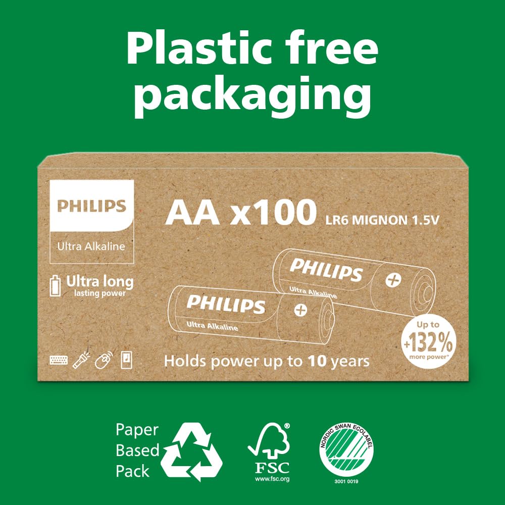 Philips Ultra AA Alkaline Batteries - Bulk Pack for High-Usage Devices and Offices, Pack of 100