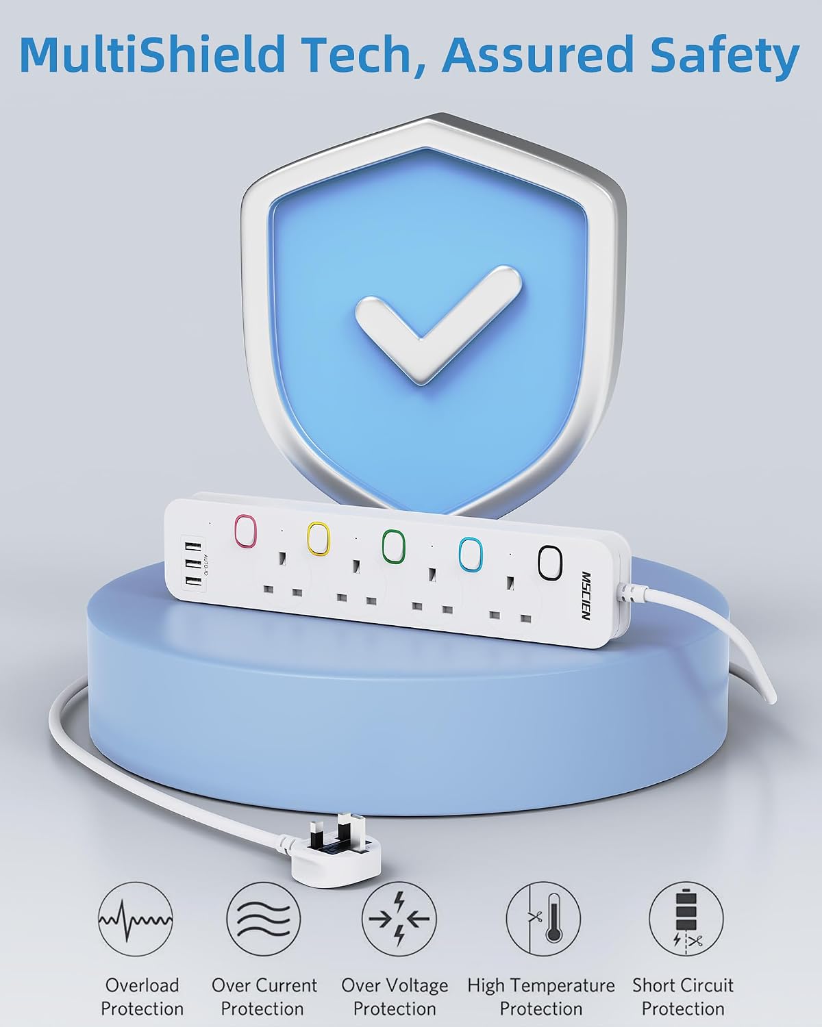 Mscien Extension Lead 1M with USB Slots 4 Way Wall Mounted, 1M Extension Lead Switched with Multiple Protection, Fused Power Strip 4 Sockets White, 13A/3250W