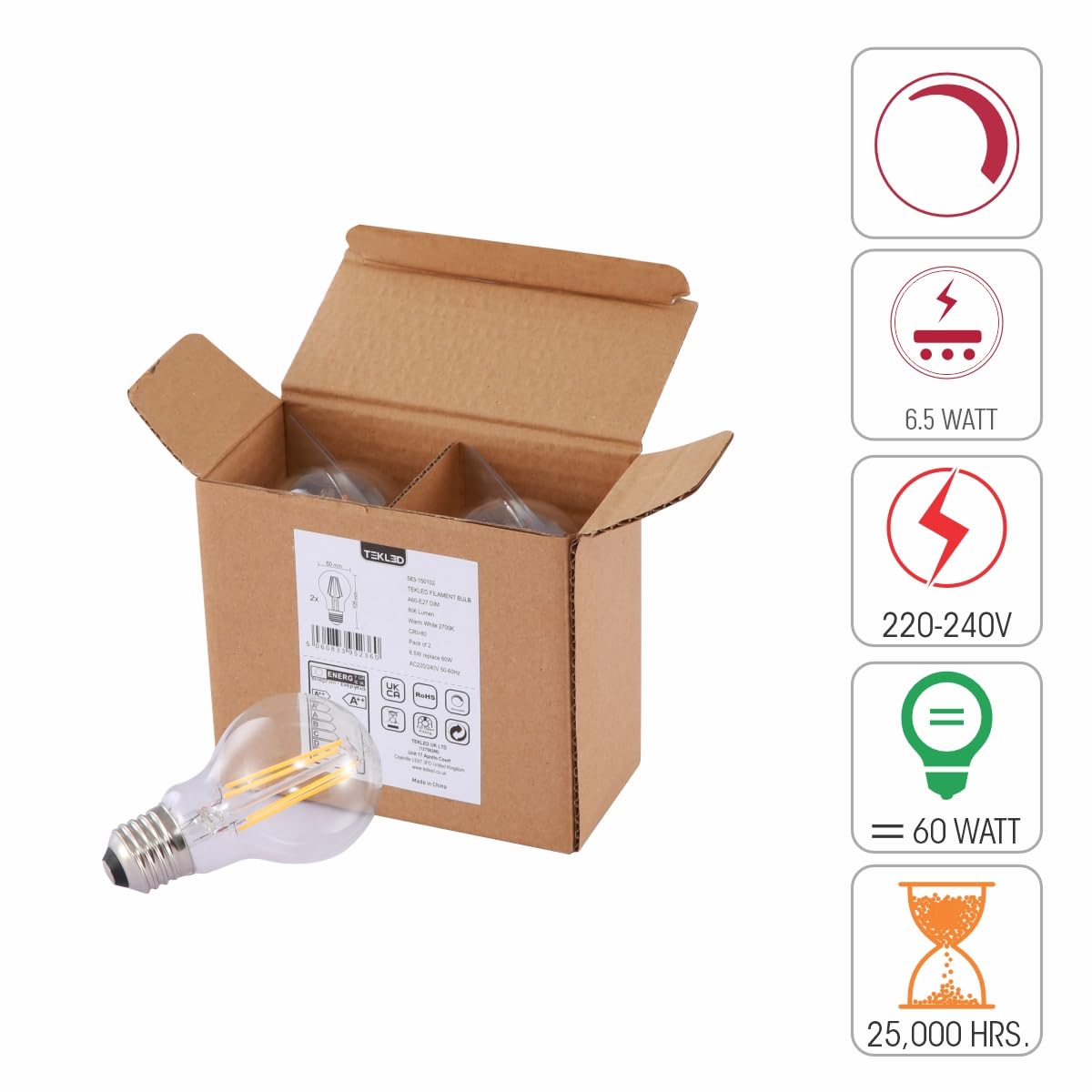 TEKLED® A60 Filament Vintage LED Bulbs | E27 Edison Screw | Energy Saving 6.5W Light Bulb 60W Equivalent | DIMMABLE Clear 2700K 806LM | 2-Pack | Warm White