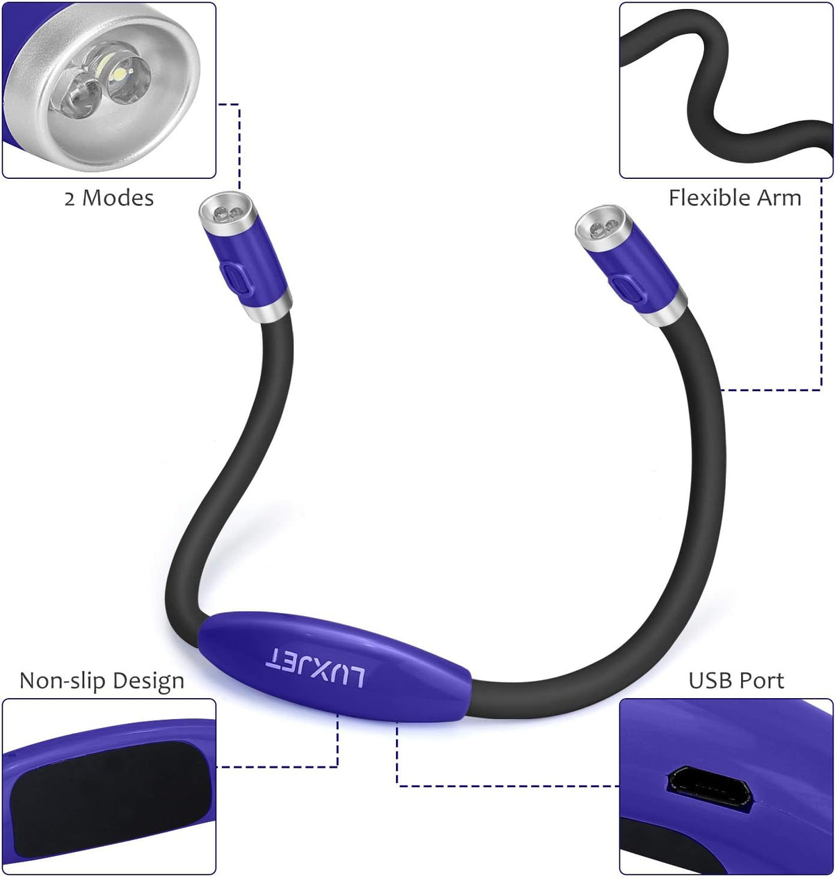 LUXJET Rechargeable Neck Book Light Night Lamp for Reading (Dark Blue)