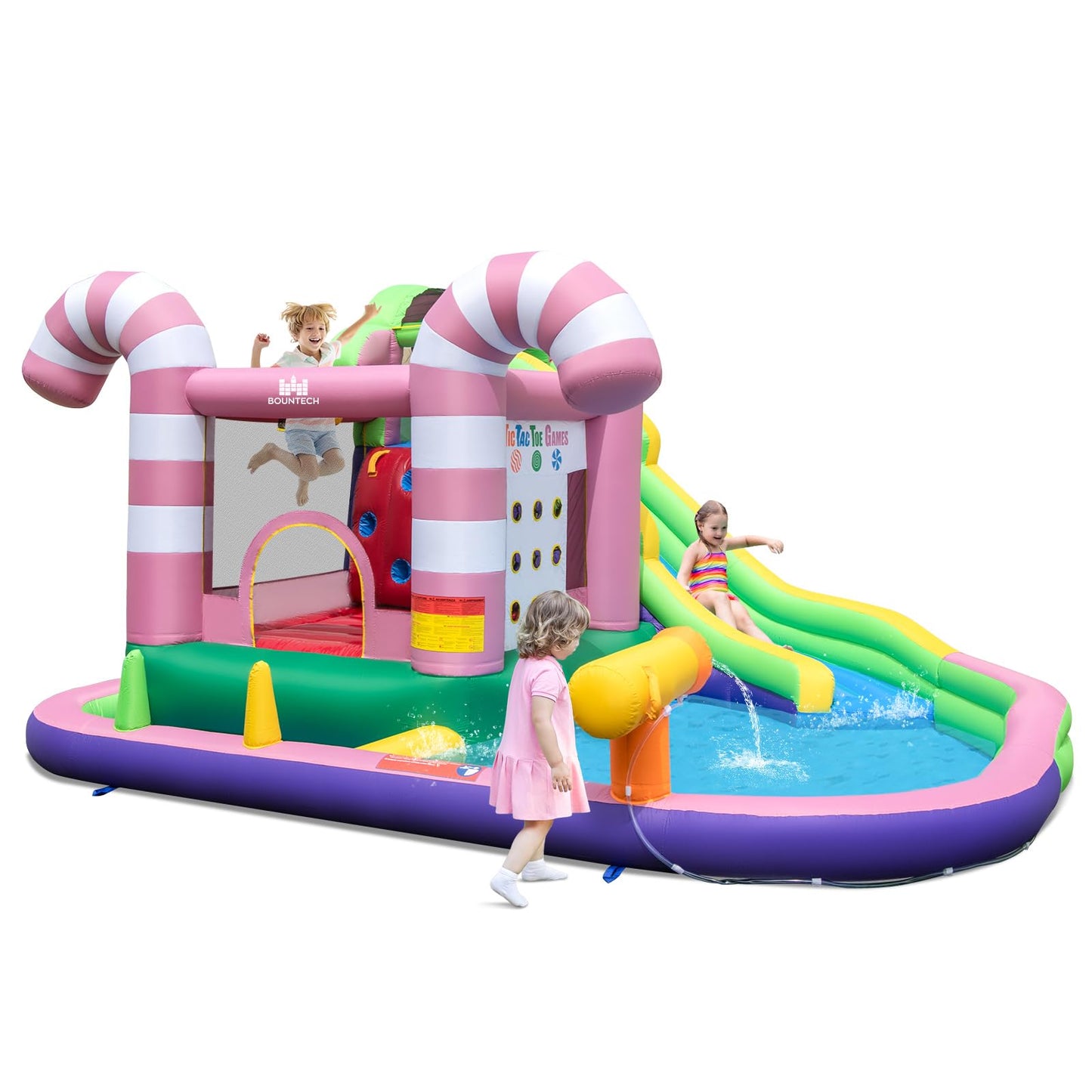 COSTWAY Kids Inflatable Water Park with Slide, Climbing Wall, Water Cannon, Splashing Pool, Blow up Bouncy Castle House for Summer Outdoor Play (with 50 Ocean Balls)