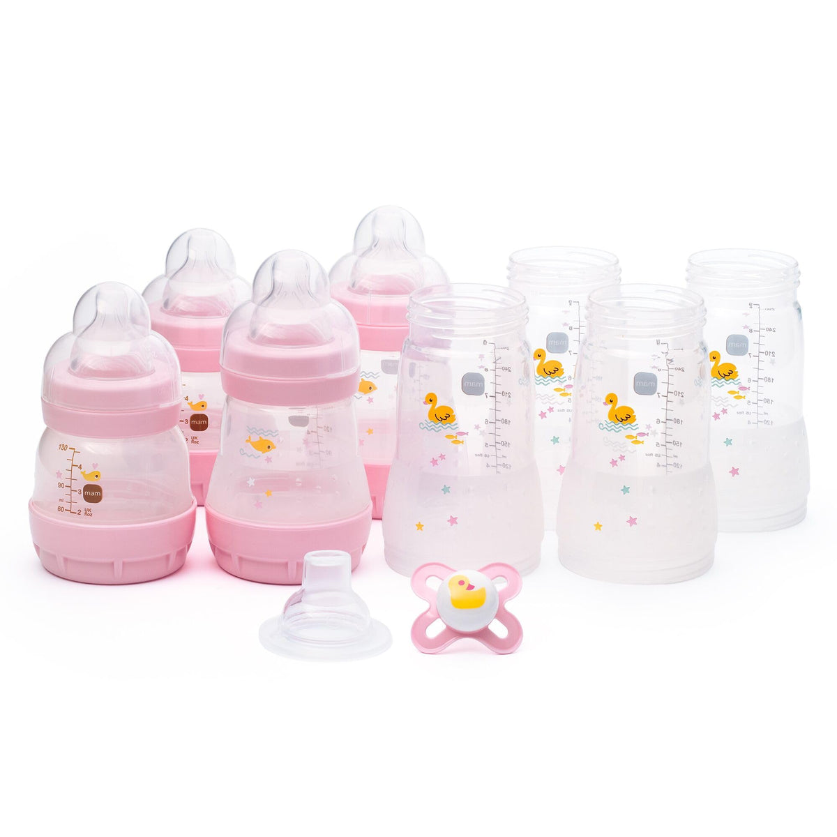 MAM Easy Start Anti-Colic Bottle Starter Set | Includes 4X Feeding Bottles and MAM Original Start 0-2 Month Soother | Self-Sterilising | Baby Gift Set of Newborn Essentials | White (Various Designs)