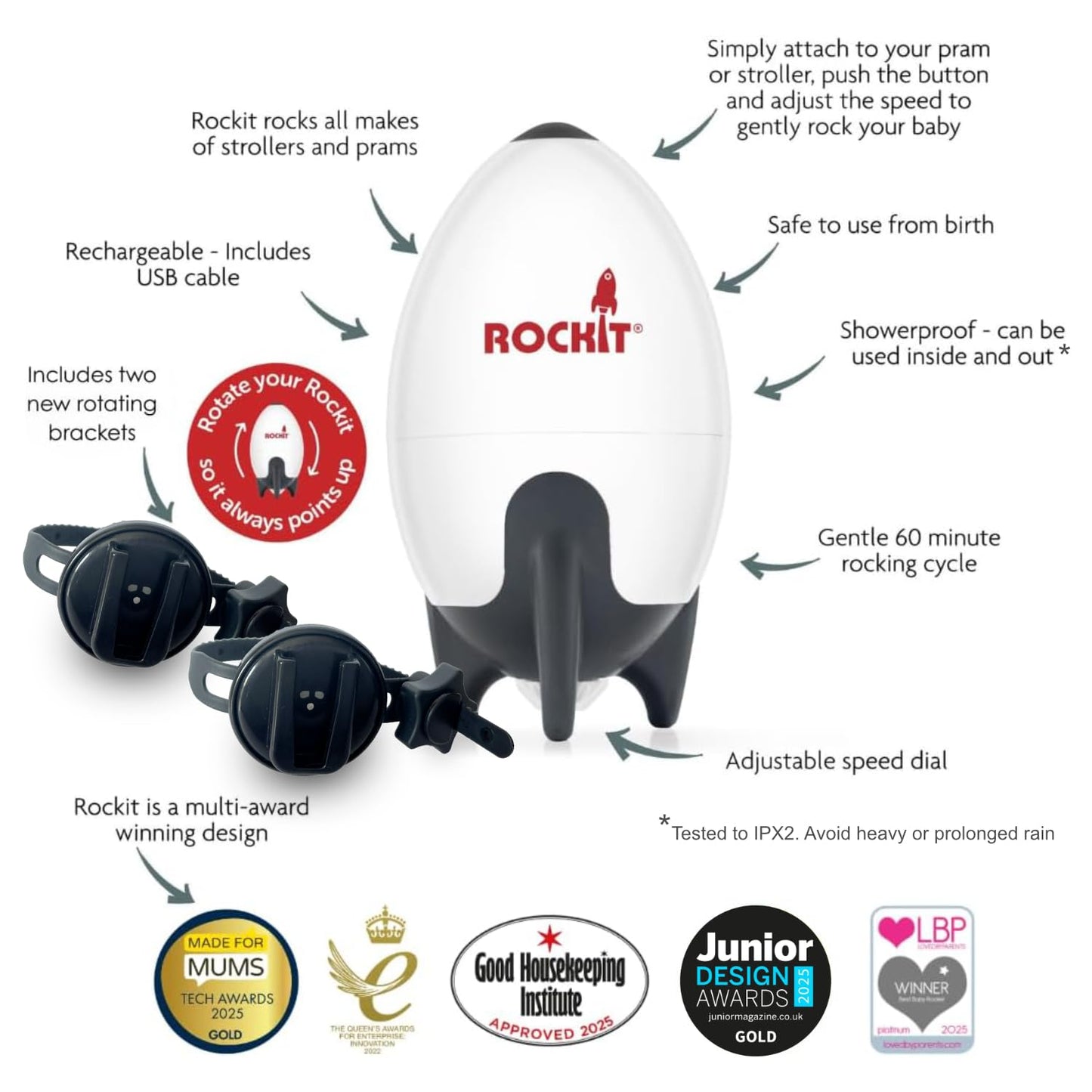 Rockit Rocker Rechargeable Pram Rocker - Baby Pushchair Rocking Device, Soothing Motion for Stroller or Buggy, Adjustable Speed, 60 Minute Timer, Universal Fit