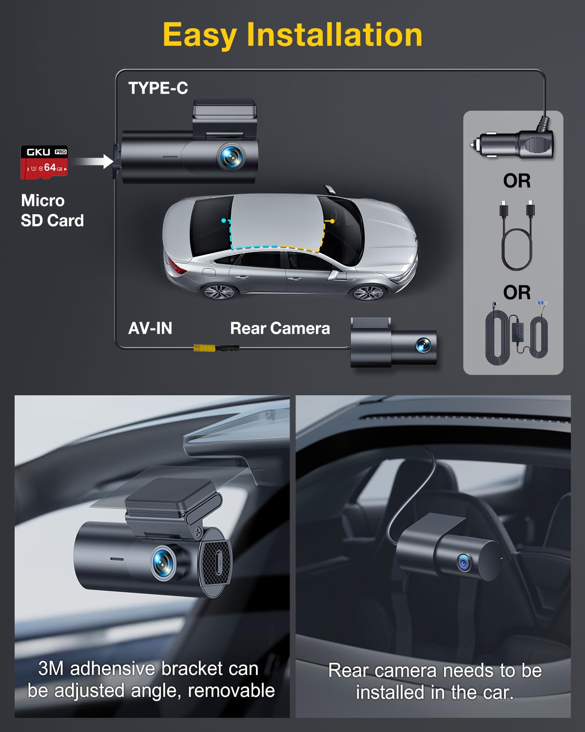 GKU 4K Dash Cam Front and Rear, 5GHz WiFi Dashcam with 64GB SD Card
