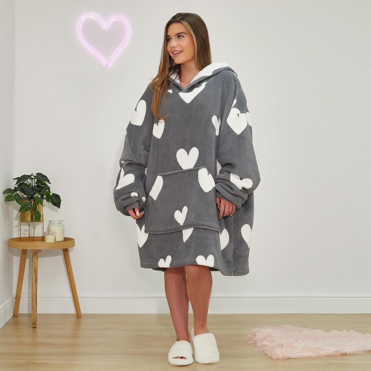 OHS Heart Print Hoodie Blanket Oversized Adult Fleece Sherpa Throw Jumper