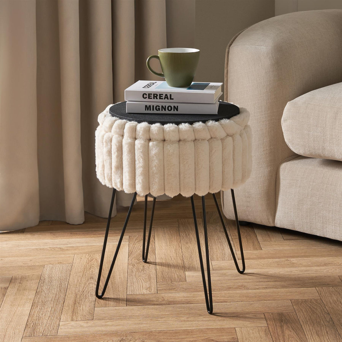 OHS Faux Fur Stool Hairpin Ribbed Fleece Round Vanity Seat Foot Rest Chair