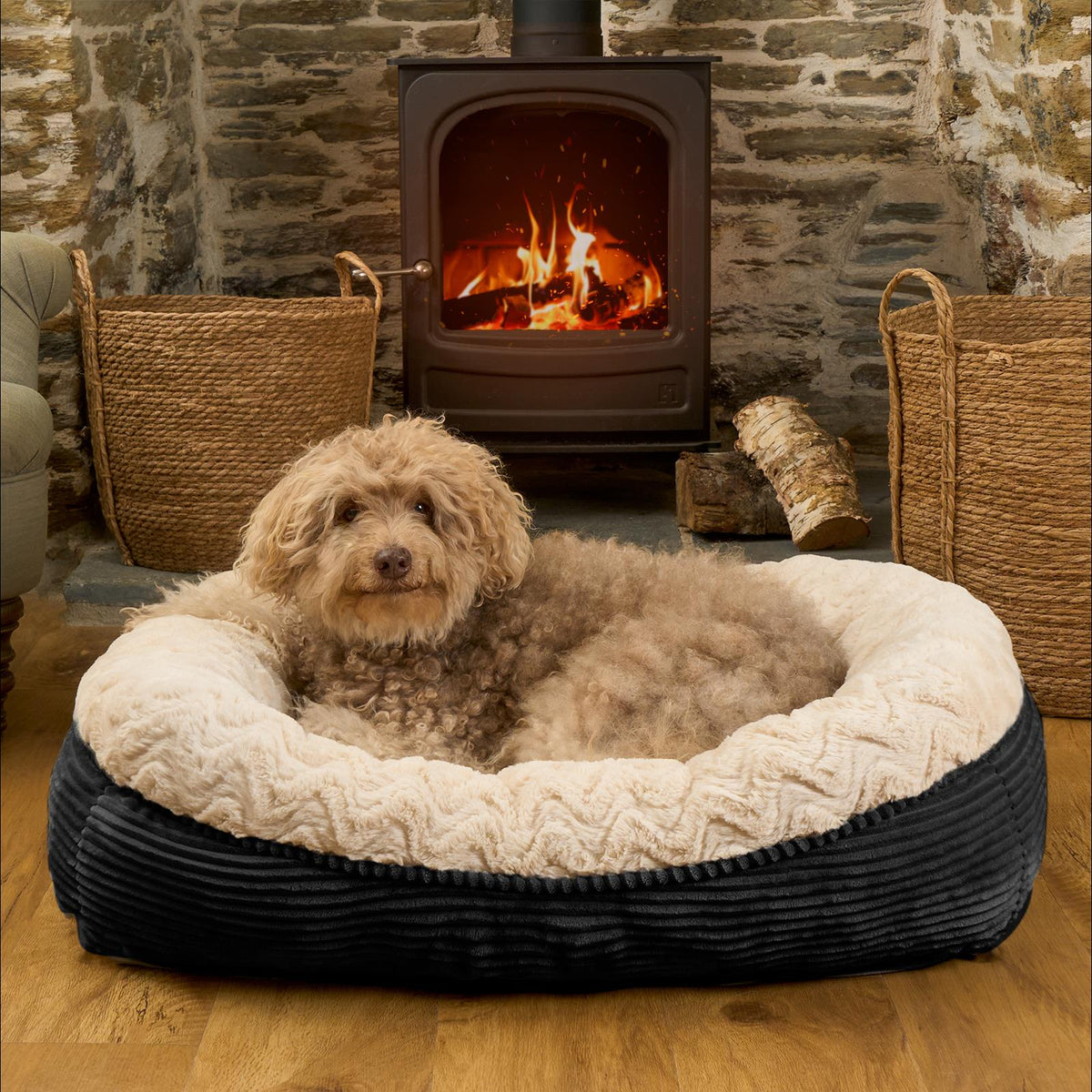 Dog Bed Washable Plush Soft Faux Fur Fleece Ribbed Pet Basket Cushion Warm Cosy