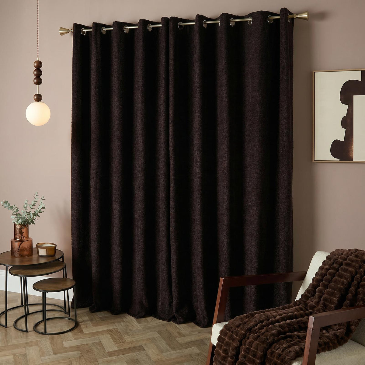OHS Boucle Eyelet Curtains Blackout Pair Ready Made Ring Top Energy Saving