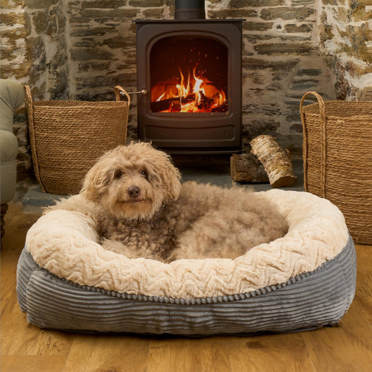 Dog Bed Washable Plush Soft Faux Fur Fleece Ribbed Pet Basket Cushion Warm Cosy