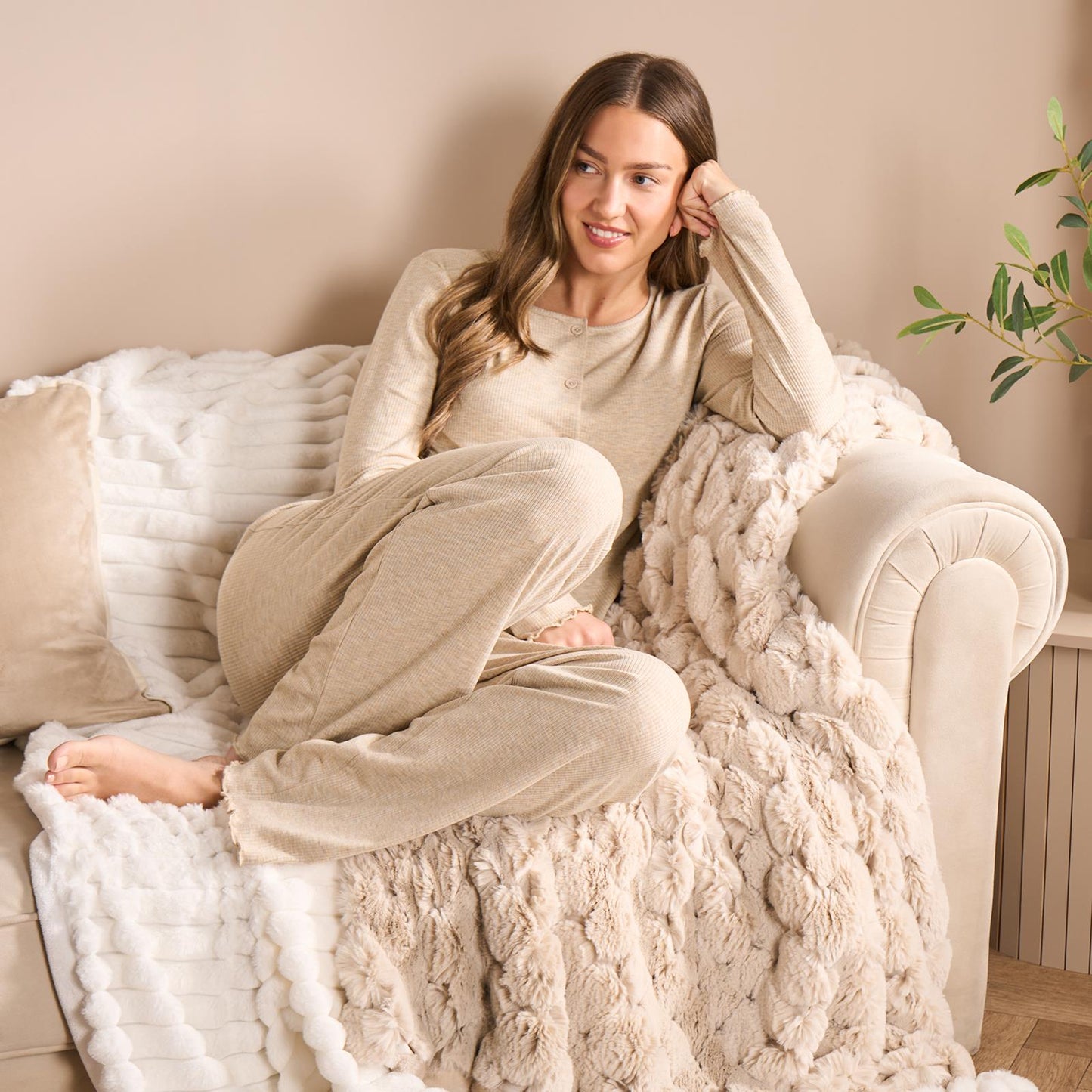 OHS Ribbed Jersey Pyjama Set Womens Lettuce Edge Sleepwear Nightwear Loungewear
