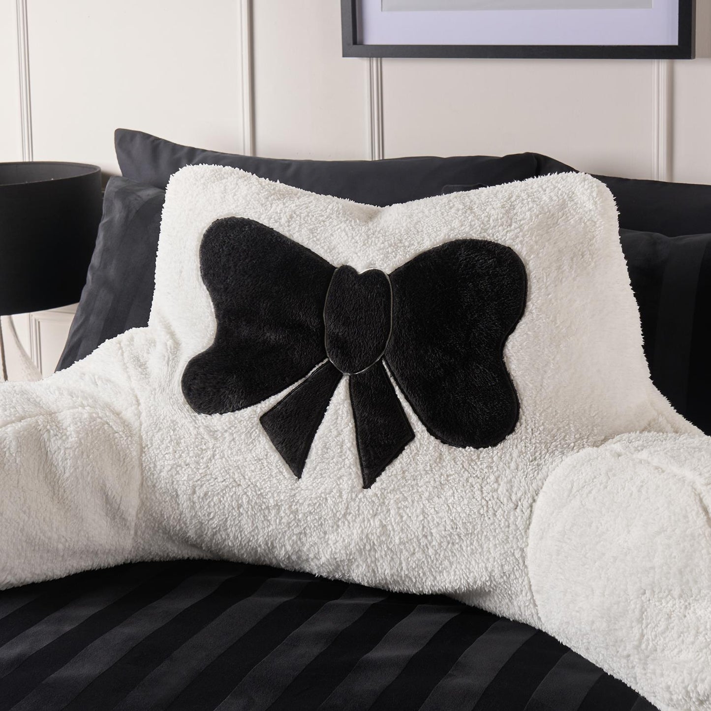 OHS Embroidered Bow Cuddle Cushion Teddy Fleece Reading Pillow with Arms