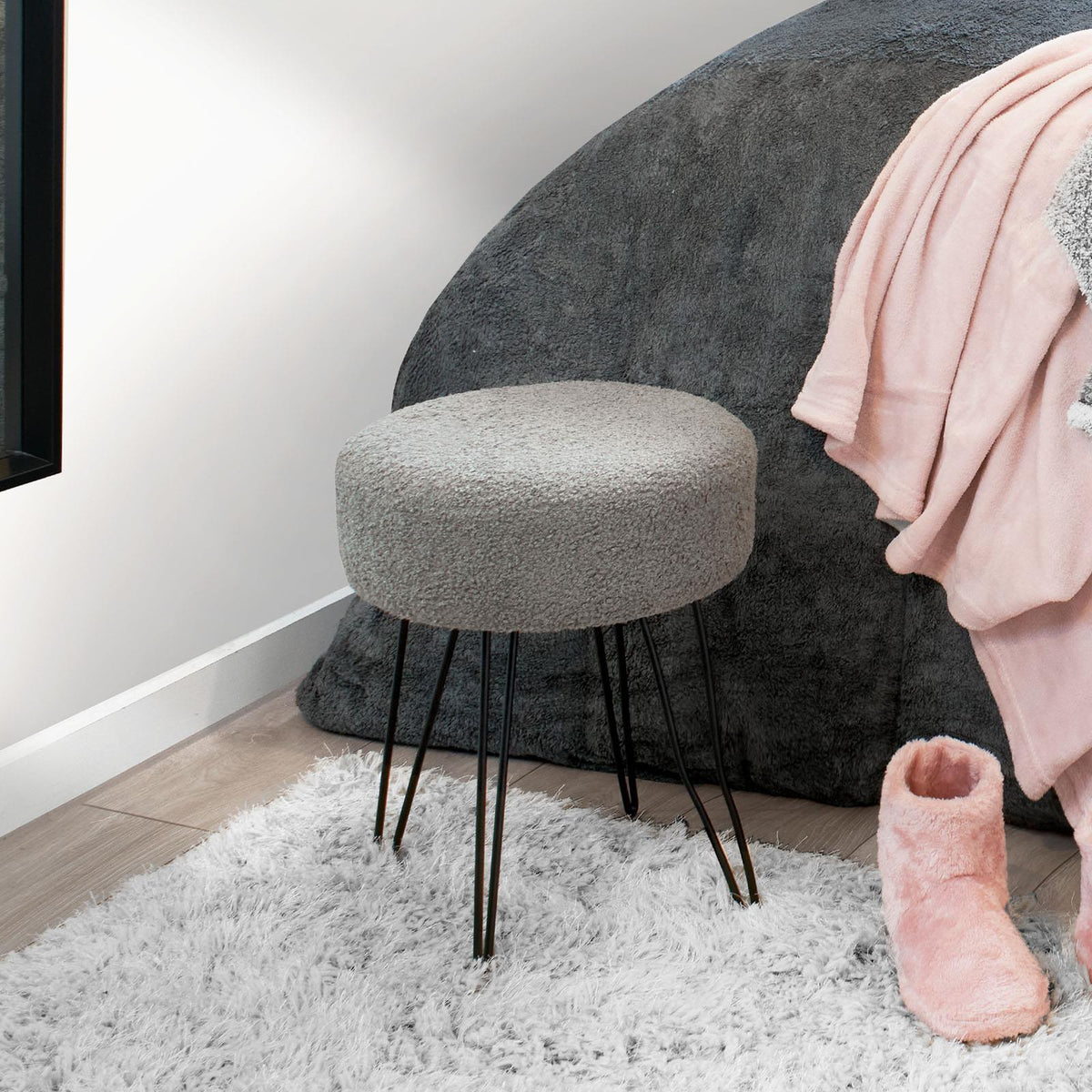 Stool Boucle Fleece Chair Dressing Table Vanity Seat Pouffe Home Spa Foot Rest
