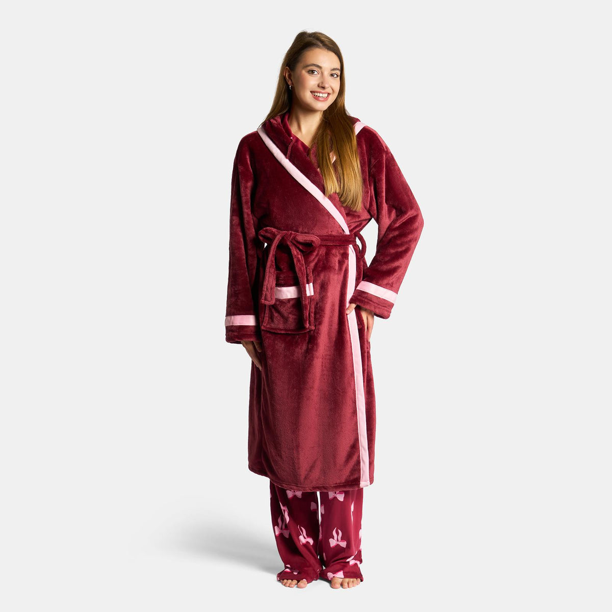 OHS Piped Edge Dressing Gown Flannel Fleece Winter Loungewear Hooded Bathrobe