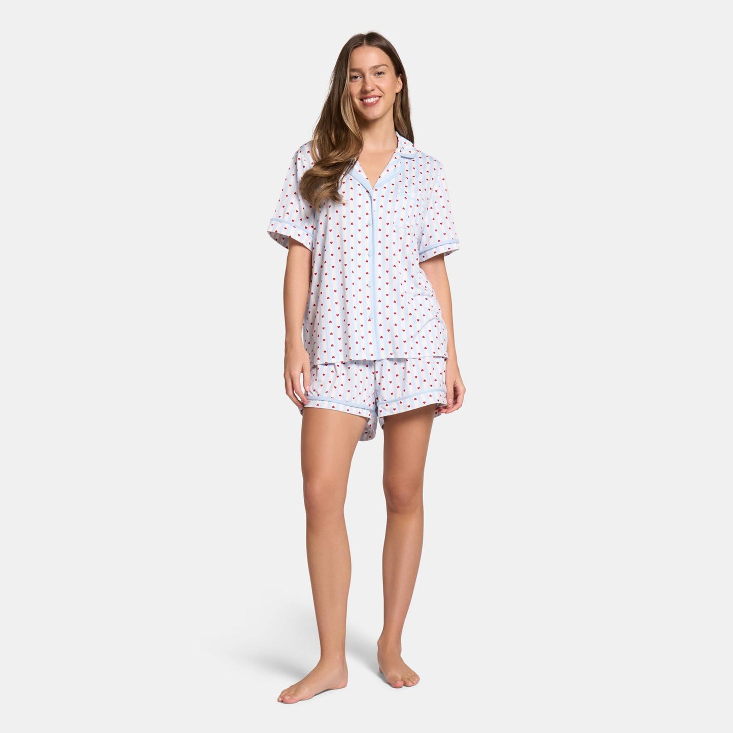 OHS Hearts Short Pyjama Set Womens Jersey Button Through Nightwear Loungewear