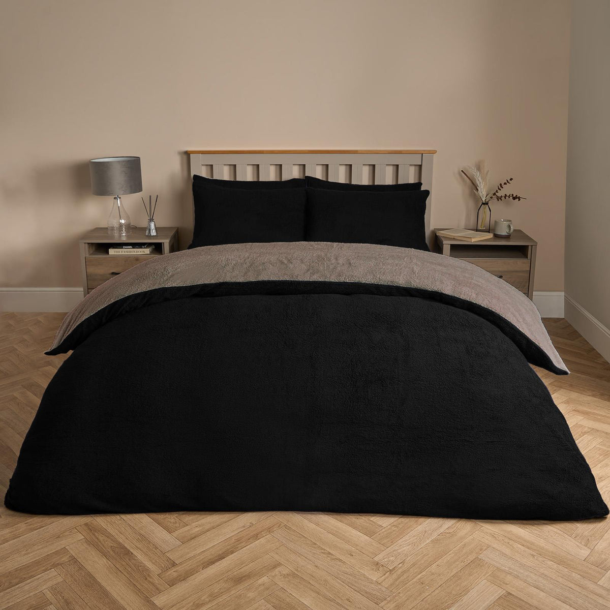 OHS Reversible Teddy Fleece Duvet Cover with Pillowcase Bedding Set Grey
