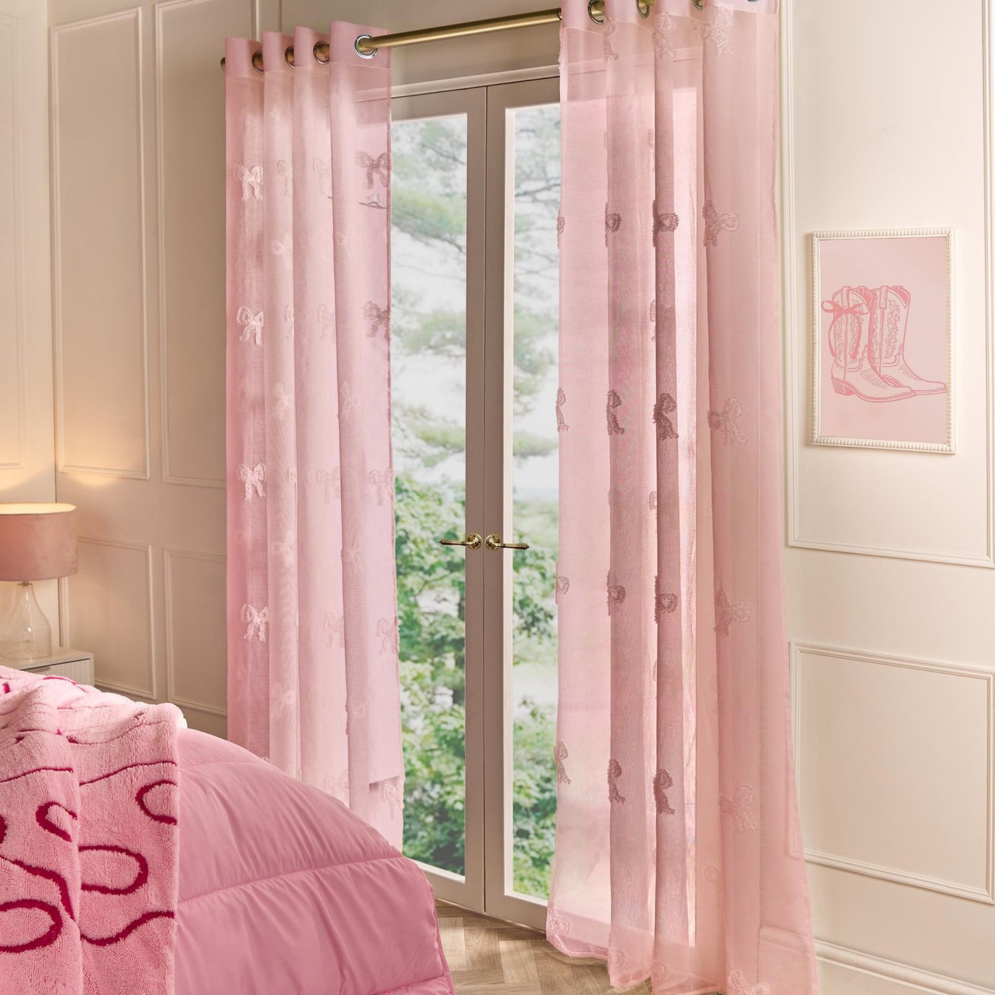 OHS Tufted Bows Voile Net Curtains Pair of 2 Window Panels Slot Top Set