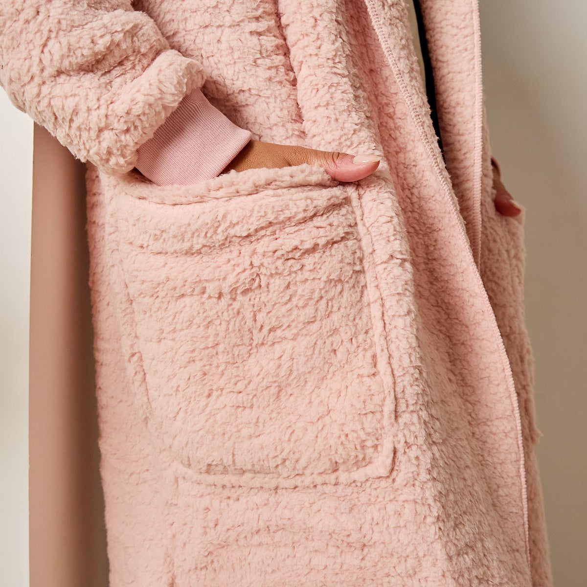 OHS Waterfall Long Cardigan Warm Teddy Fleece Open Front Wrap Loungewear Outwear