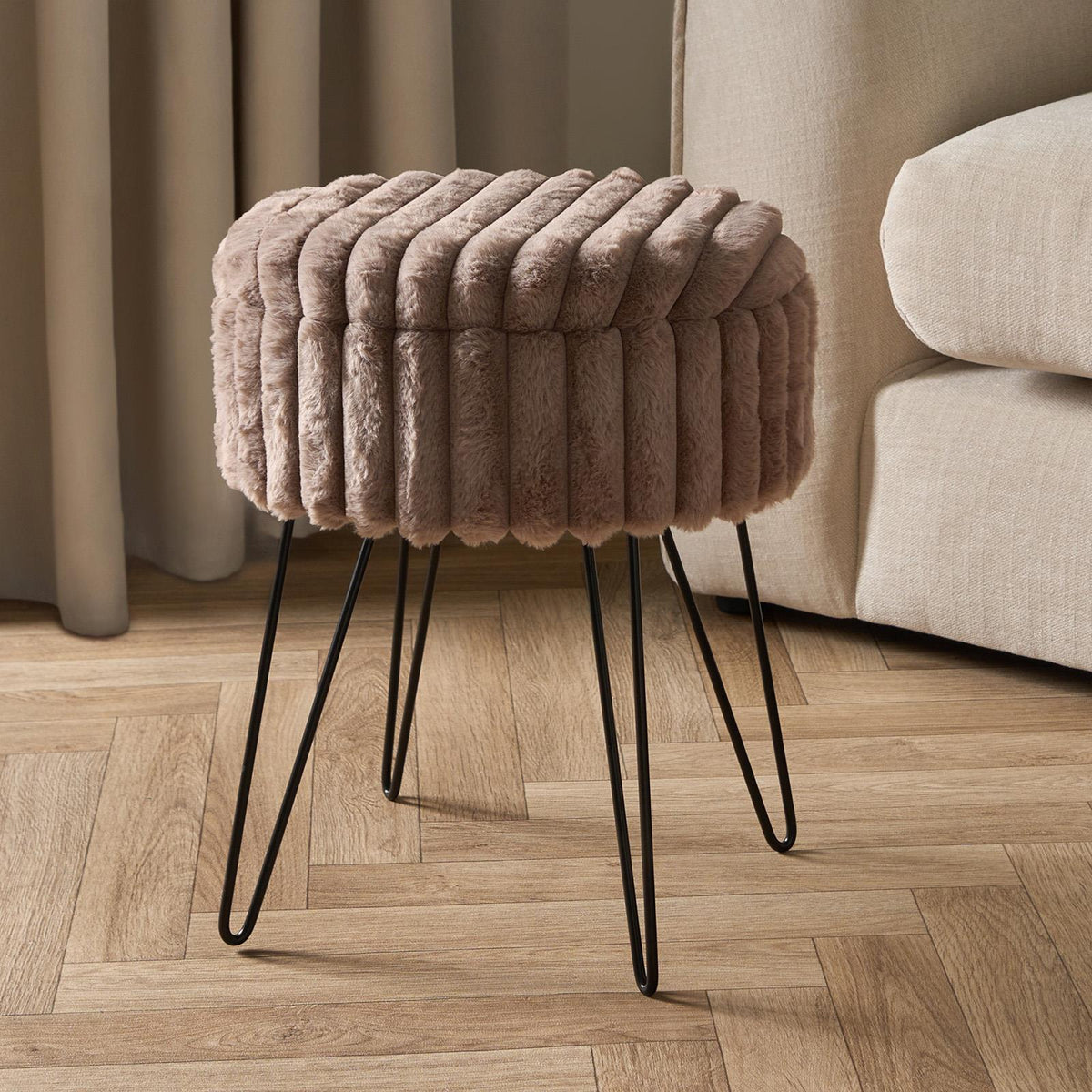 OHS Faux Fur Stool Hairpin Ribbed Fleece Round Vanity Seat Foot Rest Chair