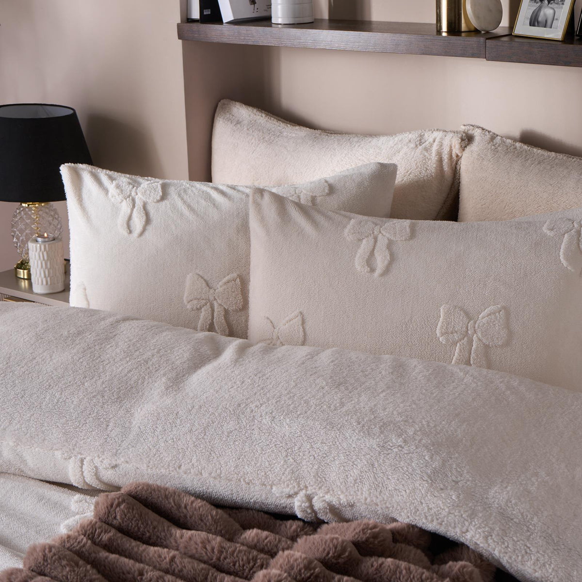 OHS Bow Tufted Bedding Set Teddy Fleece Super Soft Duvet Cover with Pillowcase