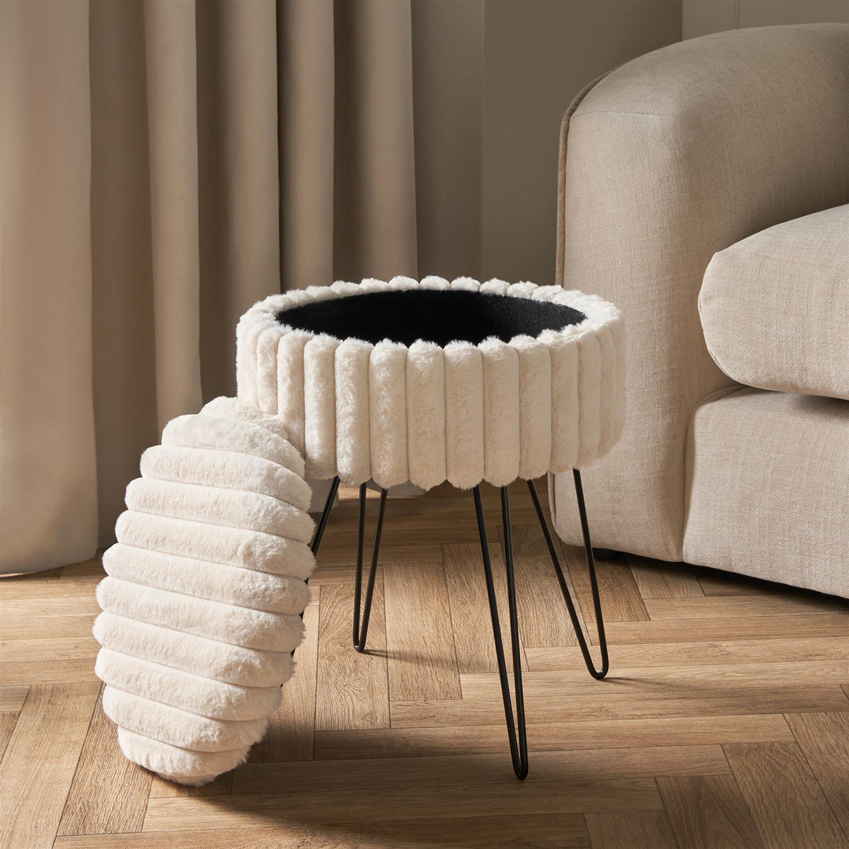OHS Faux Fur Stool Hairpin Ribbed Fleece Round Vanity Seat Foot Rest Chair