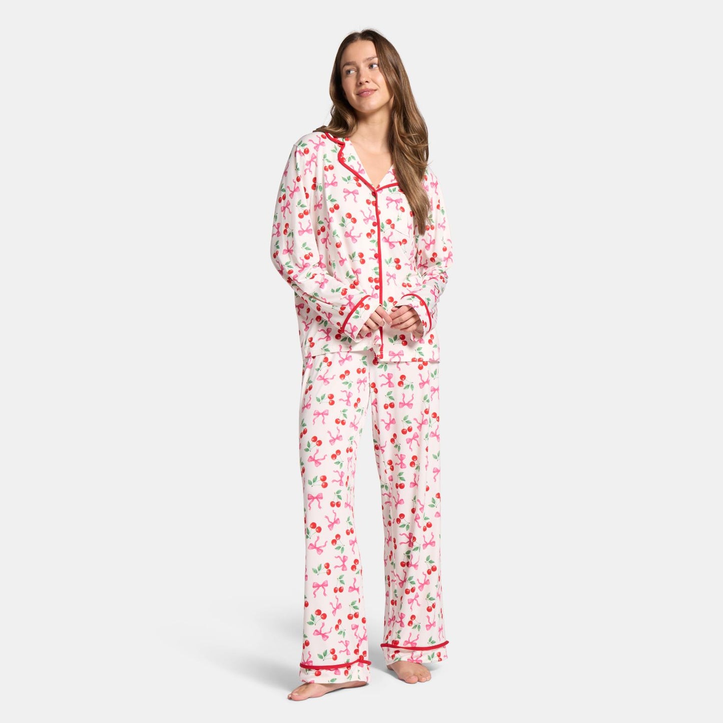 OHS Bows Pyjama Set Womens Jersey Button Through Soft Nightwear Loungewear