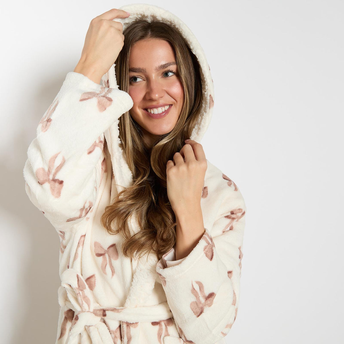 OHS Bows Dressing Gown Flannel Winter Sherpa Lined Loungewear Hooded Bathrobe