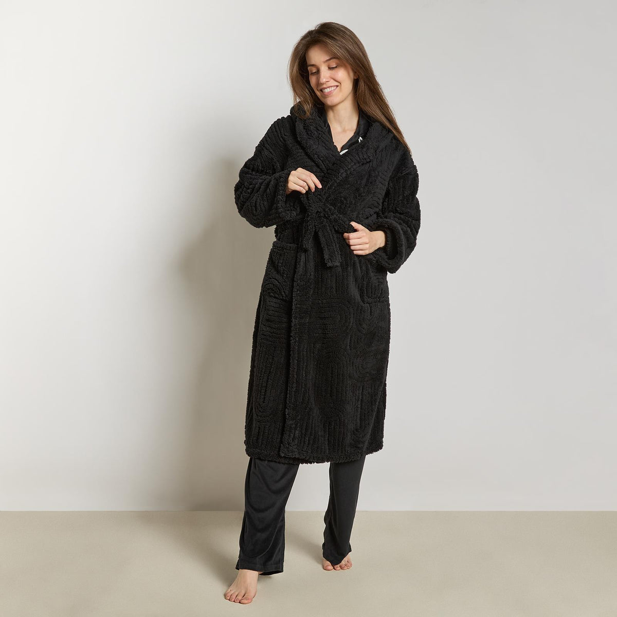 OHS Tufted Dressing Gown Soft Fleece Robe Thermal Bathrobe Hooded Loungewear