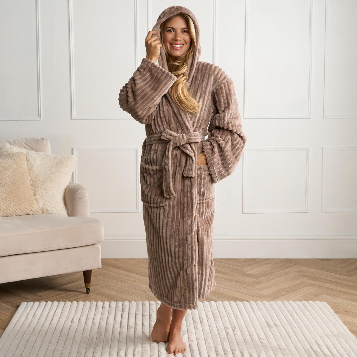 OHS Ribbed Fleece Dressing Gown Luxury Warm Supersoft Loungewear Ladies Robe