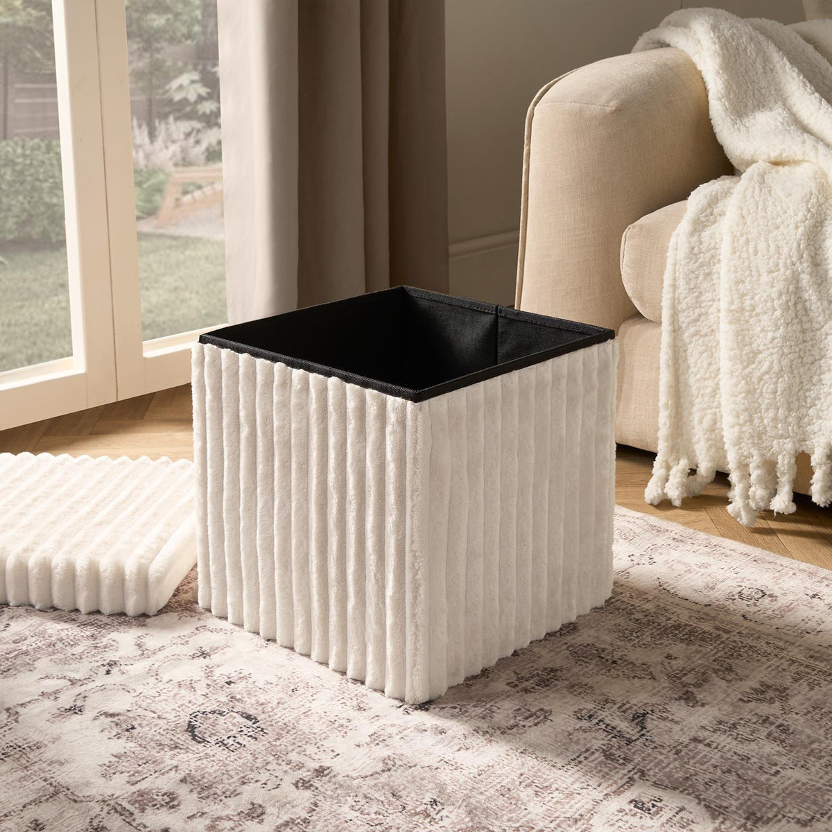 OHS Storage Box Lid Ottoman Folding Ribbed Fleece Footstool Tub Seat