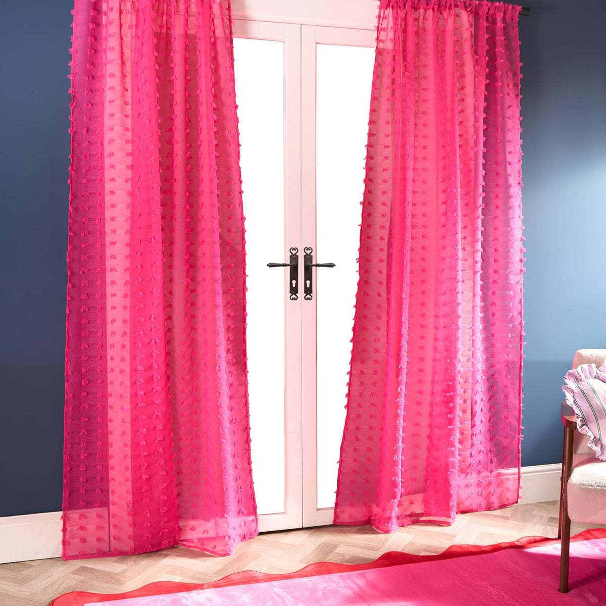 OHS Pompom Tufted Voile Net Curtains Pair 2 Window Panels Slot Top Set 55" Wide