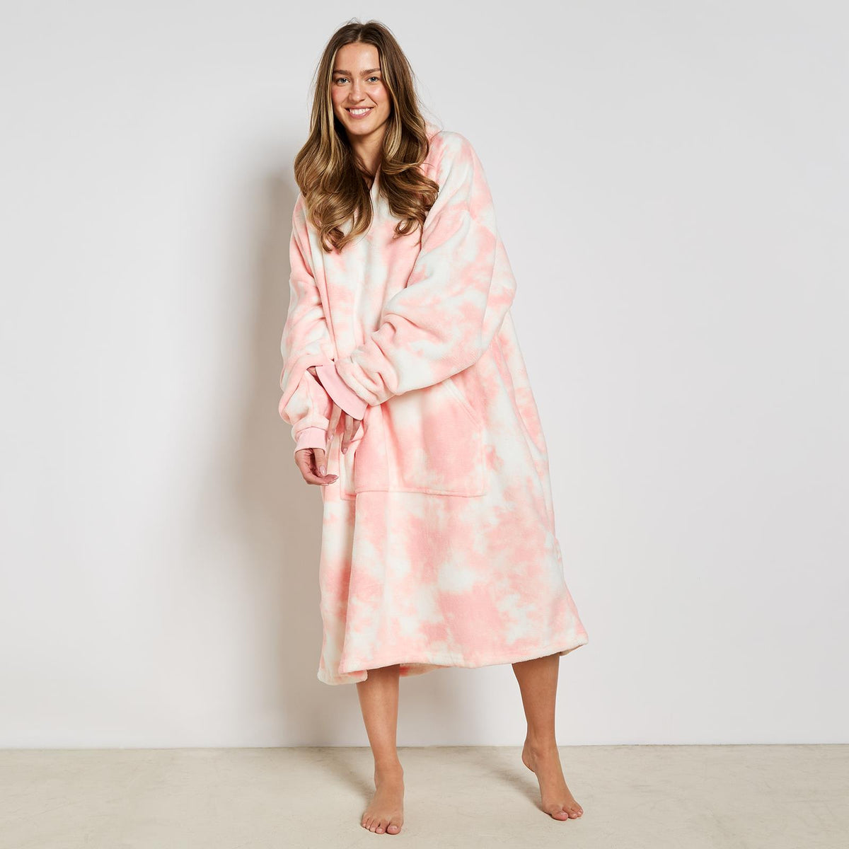 OHS Extra Long Tie-Dye Print Fleece Oversized Wearable Hoodie Blanket
