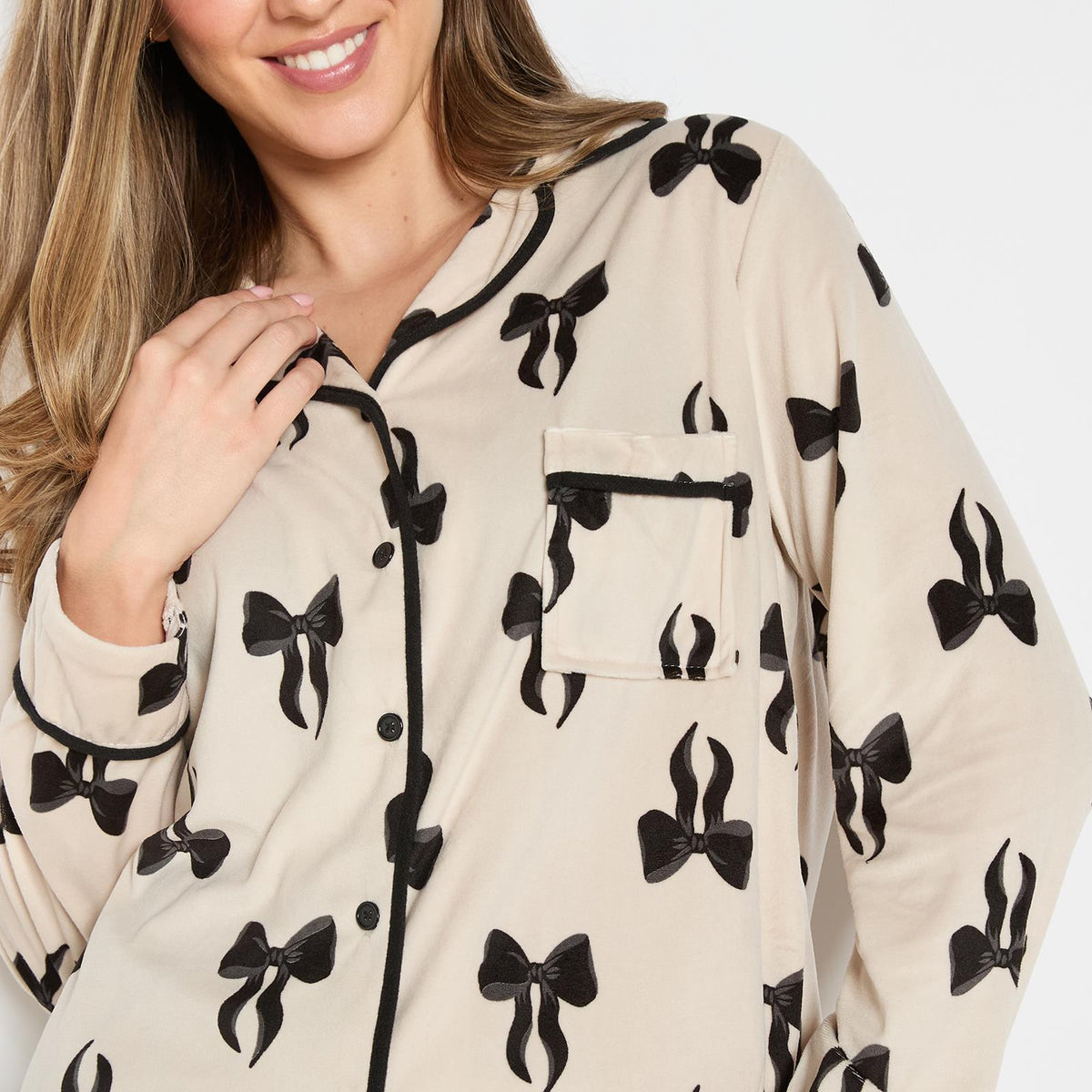 OHS Bows Pyjama Set Womens Button Through Baby Fleece Loungewear Nightwear