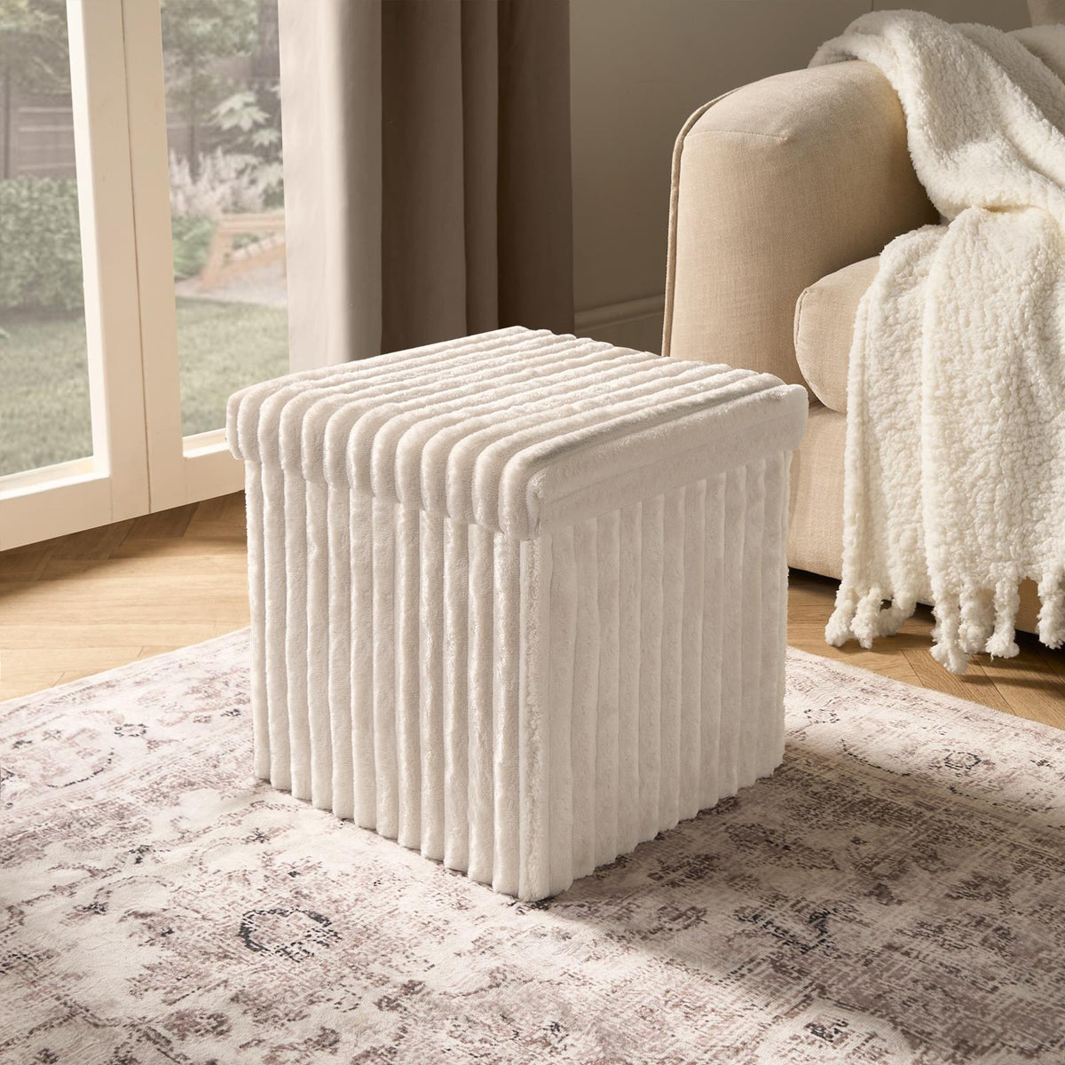 OHS Storage Box Lid Ottoman Folding Ribbed Fleece Footstool Tub Seat