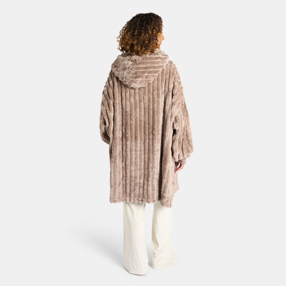 OHS Ribbed Flannel Hooded Blanket Fleece Wearable Throw Warm Oversized Hoodie