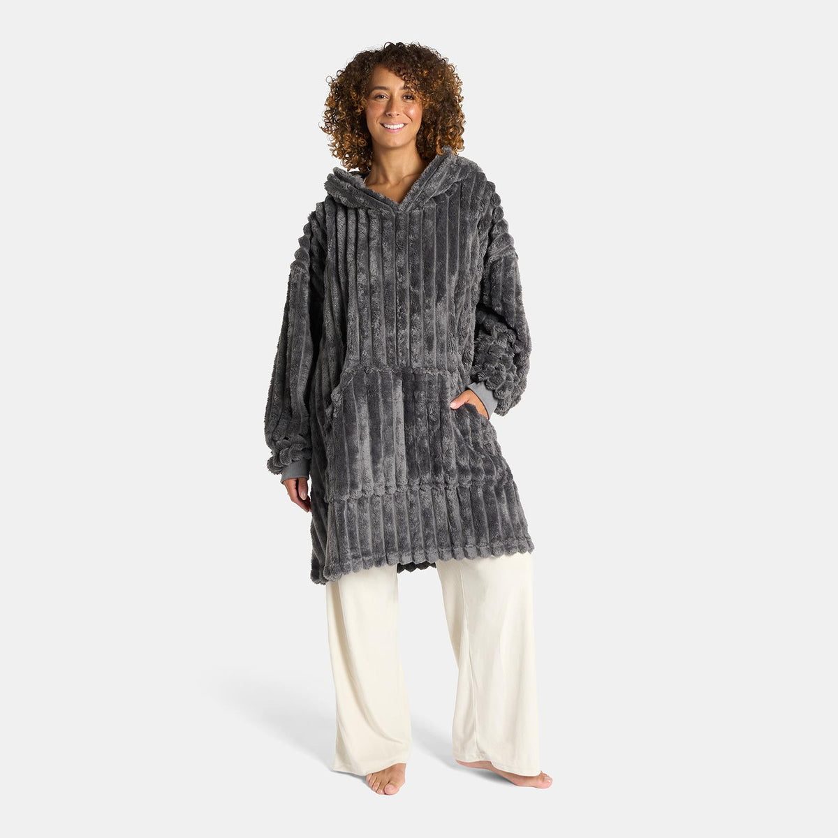 OHS Ribbed Flannel Hooded Blanket Fleece Wearable Throw Warm Oversized Hoodie