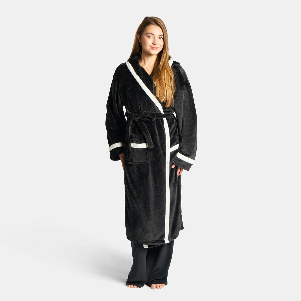 OHS Piped Edge Dressing Gown Flannel Fleece Winter Loungewear Hooded Bathrobe