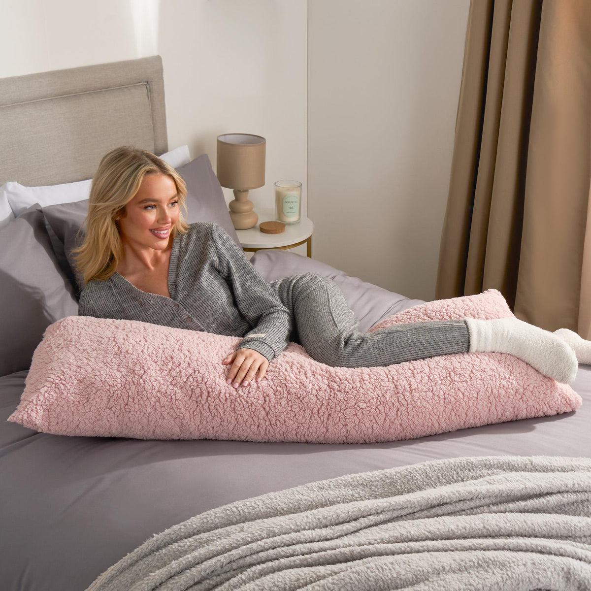 OHS Long Bolster Pillow Teddy Fleece Body Neck Pregnancy Support Cushion