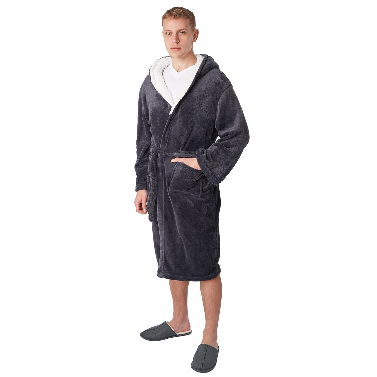 OHS Mens Dressing Gown Long Hooded Soft Flannel Fleece Sherpa Bathrobe Lounge