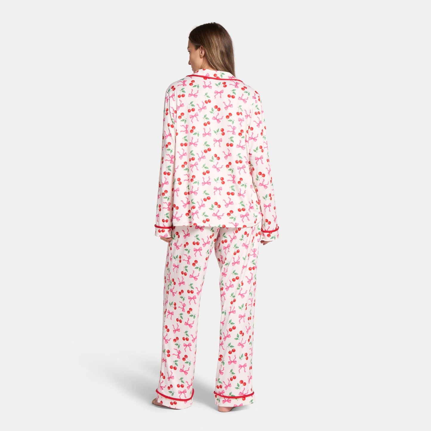 OHS Bows Pyjama Set Womens Jersey Button Through Soft Nightwear Loungewear