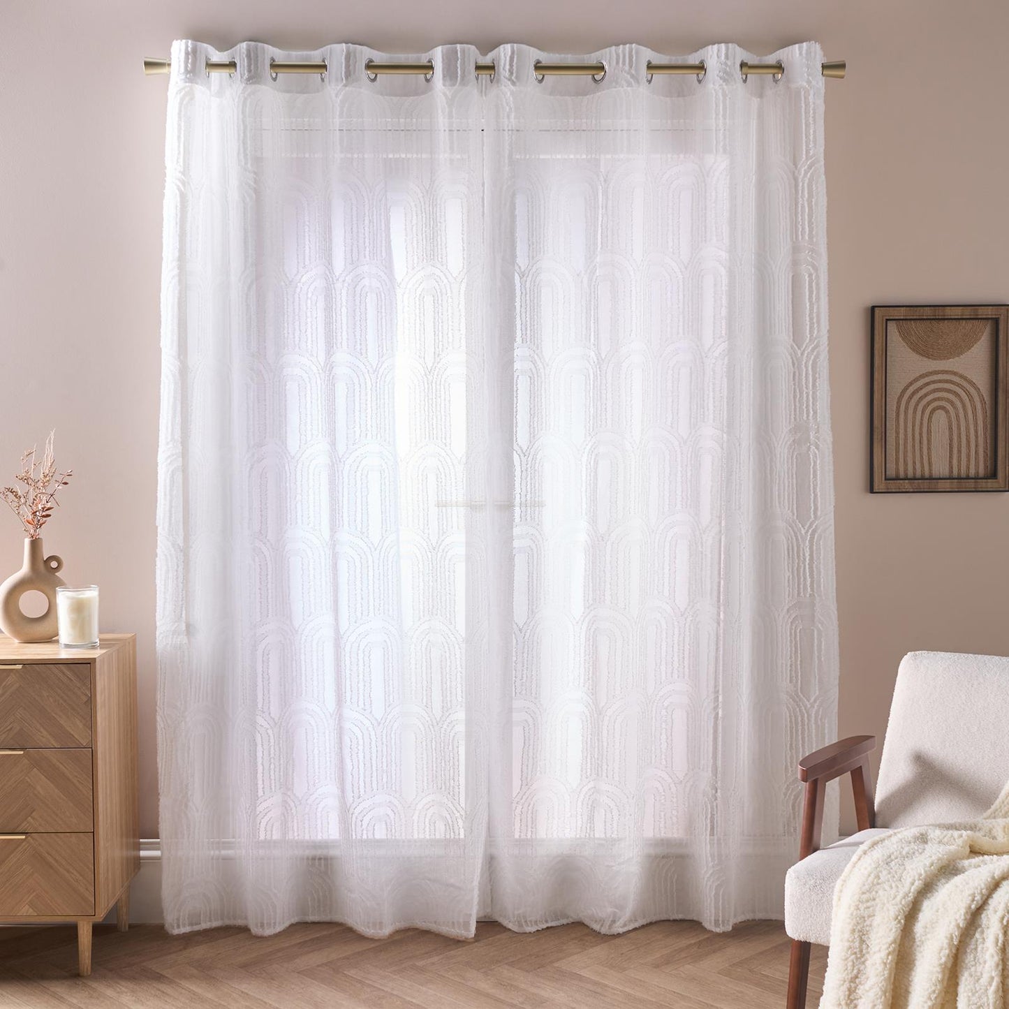 OHS Tufted Arches Voile Net Curtains Pair of 2 Window Panels Slot Top Set
