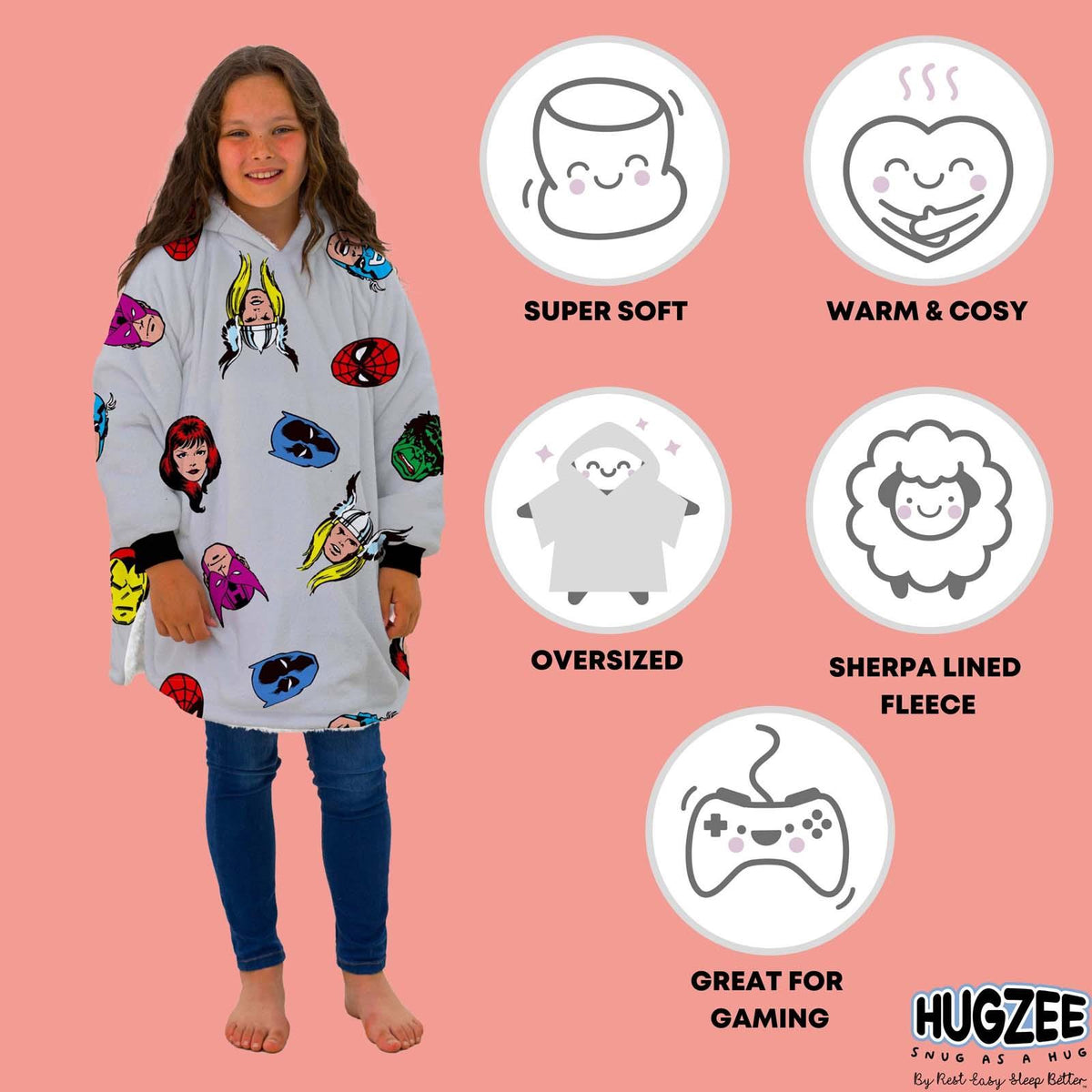 Marvel Comics Hoodie Blanket Sherpa Fleece Soft Oversized Jumper Throw, Grey