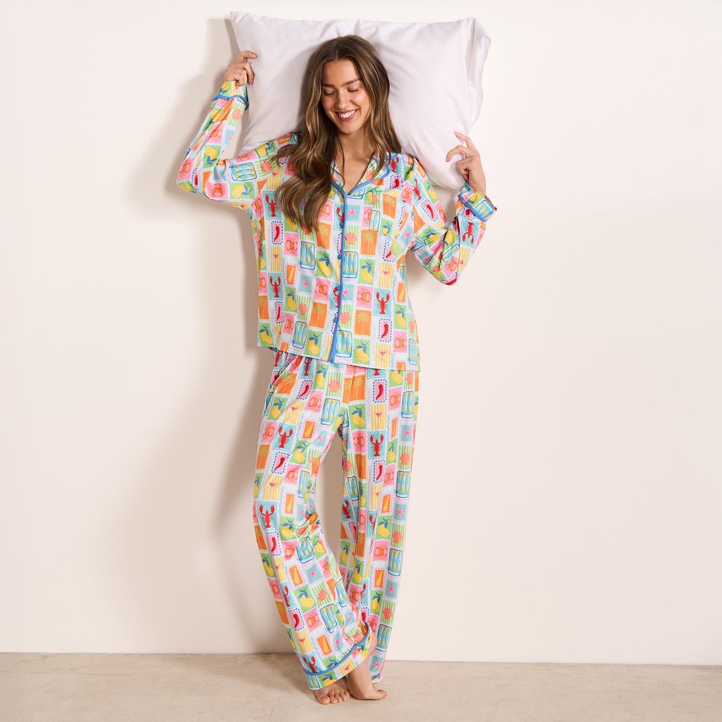 OHS Postcards Print Pyjama Set Womens Jersey Button Through Nightwear Loungewear